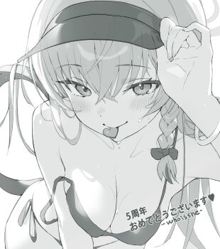 1girl anniversary artist_name bikini black_bikini blue_archive braid breasts cleavage commentary demon_tail halo hand_on_headwear haruna_(blue_archive) highres long_hair monochrome mouth_hold official_artist_extra side-tie_bikini_bottom side_braid solo strap_slip swimsuit symbol-only_commentary tail visor_cap whoisshe