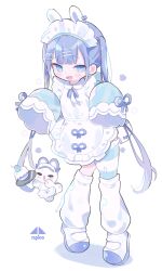 Rule 34 | 1girl, absurdres, animal ears, apron, asymmetrical legwear, blue eyes, blue hair, blunt bangs, blush, cotono (nazekun), dress, fake animal ears, fang, full body, hair ornament, hairclip, heart, highres, long hair, long sleeves, looking at viewer, loose socks, maid, maid apron, maid headdress, open mouth, original, pantyhose, rabbit ears, shoes, simple background, sleeves past fingers, sleeves past wrists, smile, socks, solo, standing, striped clothes, striped thighhighs, thighhighs, twintails, uneven legwear, very long hair, white apron, white background, white footwear