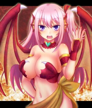 Rule 34 | 1girl, animal ears, breasts, dragon girl, fangs, female focus, heart, junrei (nyorori), large breasts, long hair, midriff, nail polish, nyorori (tatsutaage), open mouth, original, pink hair, purple eyes, slit pupils, solo