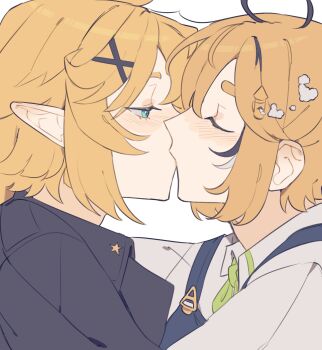 2girls addendium ahoge black_hair black_jacket blonde_hair blue_eyes blue_overalls closed_eyes dokibird dokibird_(bounty_hunter) dooby from_side green_neckerchief hair_between_eyes hair_ornament half-closed_eyes highres indie_virtual_youtuber jacket kiss light_blush looking_at_another multicolored_hair multiple_girls neckerchief overalls pointy_ears portrait profile shirt short_hair simple_background streaked_hair virtual_youtuber white_background white_hair white_shirt x_hair_ornament yuri