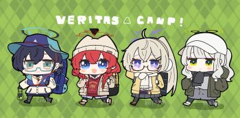 Rule 34 | 4girls, :d, ahoge, aqua-framed eyewear, argyle background, baseball cap, beanie, black-framed eyewear, black pantyhose, black scarf, black shoes, black skirt, blonde hair, blue archive, blue eyes, blue hair, blue halo, blue hat, braid, brown shoes, chibi, chibi only, chihiro (blue archive), chihiro (camp) (blue archive), closed mouth, commentary request, glasses, green background, green eyes, green jacket, grey sweater, halo, hands in pockets, hare (blue archive), hare (camp) (blue archive), hat, highres, holding, holding lantern, jacket, kotama (blue archive), kotama (camp) (blue archive), lantern, long hair, maki (blue archive), maki (camp) (blue archive), miniskirt, multiple girls, naokorin ch, open clothes, open jacket, open mouth, pantyhose, pleated skirt, ponytail, purple eyes, purple halo, red hair, red halo, red sweater, scarf, semi-rimless eyewear, shoes, short ponytail, skirt, smile, sweater, twin braids, under-rim eyewear, veritas (blue archive), white hat, yellow jacket, yellow scarf