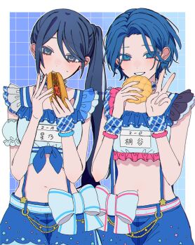 2girls black_hair blue_eyes blue_hair bread commentary_request food highres hoshino_ichika_(project_sekai) kiritani_haruka multiple_girls navel project_sekai short_hair teacrown