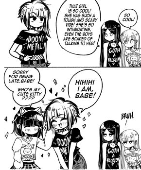 Rule 34 | 4girls, animal ears, blush, closed eyes, collar, comic, commentary, corrupted twitter file, crop top, cropped shirt, doom-metal-girl (grs-), emo-girl (grs-), english commentary, english text, fake animal ears, fang, goth-girl (grs-), greyscale, grs-, heart, highres, long hair, midriff, monochrome, multiple girls, no mouth, open mouth, original, pastel-goth-girl (grs-), short hair, sparkle, spiked collar, spikes, yuri