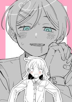 Rule 34 | 2girls, :d, ahoge, blue eyes, blush, border, breast pocket, collared shirt, commentary request, doujinshi cover trope (trend), dress shirt, drooling, flustered, futsuu no keion-bu, hair ornament, hairpin, hatono chihiro, heart, heart of string, highres, interlocked fingers, kouyama rin, long sleeves, medium hair, multiple girls, neck ribbon, nervous sweating, open mouth, outline, own hands clasped, own hands together, partially colored, pink border, pixie cut, pocket, projected inset, ribbon, rra (yj), school uniform, shirt, short hair, small pupils, smile, sweat, upper body, white outline