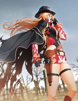 1girl 3d belt blonde_hair breasts cape cowboy_hat cowboy_western donne_anonime female_focus fingerless_gloves fringe_trim gloves graveyard gun gunbelt handgun harmonica hat highres holster instrument lingerie long_hair medium_breasts nishii_(damnedrive) nitroplus red_eyes revolver shorts solo strap thigh_strap tombstone torn_clothes underwear weapon wind zoku_satsuriku_no_django