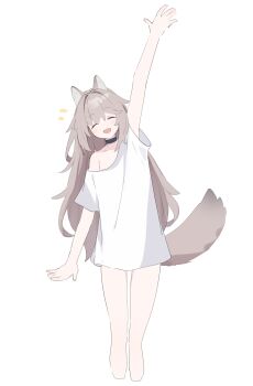 1girl :d ^_^ absurdres animal_ear_fluff animal_ears arm_up black_choker blush brown_hair choker closed_eyes collarbone cropped_legs facing_viewer highres long_hair notice_lines off_shoulder open_mouth original riya_(01214) shirt short_sleeves simple_background smile solo standing tail very_long_hair white_background white_shirt