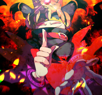 belt belt_buckle belt_collar black_background black_horns black_scarf buckle cape collar colored_sclera commentary_request crazy_eyes crown disembodied_hand evil_grin evil_smile fiery_background fire gleam gloves grin highres horns kirby_(series) large_horns looking_at_viewer magolor master_crown nintendo no_humans palette_swap pointing pointing_up rayman_limbs red_belt red_cape red_sclera scarf shirushiki smile solo straight-on teeth traitor_magolor white_gloves wide-eyed yellow_headwear