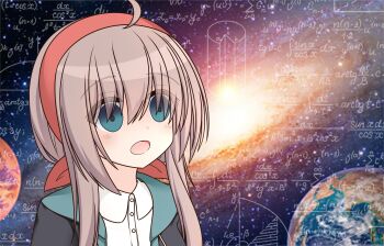 1girl :o absurdres ahoge aqua_eyes blush brown_hair commentary equation eyes_visible_through_hair hair_between_eyes hairband highres long_hair math meme misu_t_(ccc) open_mouth portrait red_hairband sanoba_witch school_uniform shiiba_tsumugi shirt sidelocks solo space space_cat_(meme) white_shirt