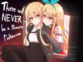 2girls aura_(aurapls) bare_shoulders black_gloves blonde_hair bound breasts commentary crt crying detached_sleeves digital_dissolve dual_persona elbow_gloves english_commentary english_text feet_out_of_frame gloves green_ribbon hair_ribbon halterneck high-waist_skirt highres holding_person jacket long_hair multiple_girls nijisanji nijisanji_en open_clothes open_jacket pantyhose pointy_ears pomu_rainpuff pomu_rainpuff_(1st_costume) red_eyes ribbon shirt skirt static tears television tied_up_(nonsexual) virtual_youtuber white_shirt