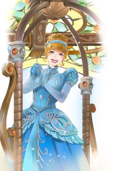 Rule 34 | 1girl, ano (sbee), gown, blonde hair, blue dress, blue eyes, cinderella (disney character), cinderella (disney movie), disneyland, dress, earrings, elbow gloves, gloves, gown, hair bun, hairband, highres, jewelry, looking at viewer, princess, princess dress, short hair, smile, solo