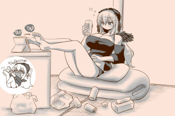 >_< 1girl alternate_breast_size_(larger) alternate_costume bag barefoot black_wings blush breasts closed_mouth commentary_request expressionless feathered_wings frilled_hairband frills full_body futon greyscale hairband itini-sanshi large_breasts long_hair loungewear monochrome off-shoulder_shirt off_shoulder panties rozen_maiden shirt shopping_bag solo squeans suigintou tablet_pc tatami tissue_box underwear wings