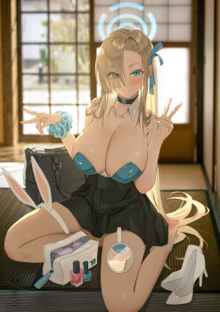 1girl absurdres animal_ear_hairband animal_ears asuna_(blue_archive) bag black_choker black_skirt blonde_hair blue_archive blue_eyes blue_halo blue_leotard breasts choker cleavage commentary fake_animal_ears hairband halo hand_mirror high_heels highres indoors large_breasts leotard leotard_under_clothes looking_at_viewer midfinger mirror school_bag scrunchie shoes skirt smile solo unworn_shoes v wrist_scrunchie