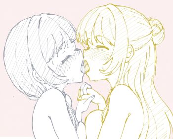 2girls blush breast_press breasts closed_eyes commentary_request copyright_request fortefalse french_kiss hair_bun half_updo holding_hands kiss large_breasts limited_palette multiple_girls pink_background simple_background sweat symmetrical_docking tongue tongue_out upper_body yuri