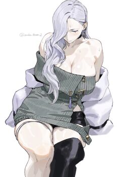 1girl bare_shoulders black_shorts blue_lips blush breasts cleavage closed_eyes detached_sleeves dress earrings eyeliner fate/grand_order fate_(series) grey_dress grey_hair hair_over_one_eye hoop_earrings jacket jewelry large_breasts long_hair long_sleeves makeup mrs._snake_(fate) short_shorts shorts simple_background sitting solo sweater sweater_dress thighhighs thighs tonko_from white_hair white_jacket