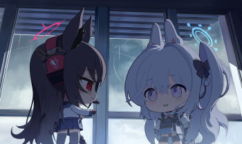 2girls absurdres animal_ears black_hair blue_archive blue_halo blue_sailor_collar blue_skirt blush chibi chibi_only commentary grey_thighhighs gun halo headset highres long_hair looking_at_another miyako_(blue_archive) multiple_girls neckerchief one_side_up pink_neckerchief pleated_skirt profile purple_eyes rabbit_ears rain red_eyes red_halo sailor_collar school_uniform serafuku skirt submachine_gun suomi_kp/-31 thighhighs very_long_hair weapon white_hair white_sailor_collar yangsongihand yukino_(blue_archive)