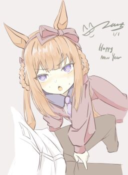1boy 1girl animal_ears blush burbecuebuffet character_request colored_skin horse_ears horse_girl new_year orange_hair purple_eyes sweat white_skin