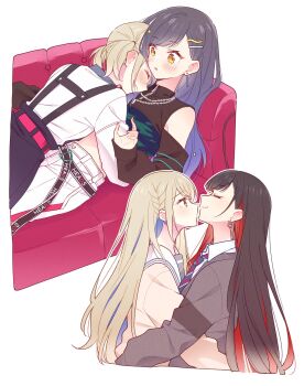 2girls azusawa_kohane beru_popooo black_hair black_shirt blue_hair blue_necktie blush braid brown_cardigan brown_hair cardigan closed_eyes closed_mouth clothing_cutout collared_shirt colored_inner_hair commentary_request couch couple crop_top cropped_shirt diagonal-striped_clothes diagonal-striped_necktie earrings gradient_hair grey_cardigan hair_ornament hairclip highres hug jewelry kamiyama_high_school_uniform_(project_sekai) long_hair lying miyamasuzaka_girls'_academy_school_uniform multicolored_hair multiple_girls navel necktie official_alternate_hair_length official_alternate_hairstyle on_couch open_mouth orange_eyes outline pants project_sekai red_hair sailor_collar school_uniform serafuku shiraishi_an shirt short_hair short_twintails shoulder_cutout star_(symbol) star_hair_ornament striped_clothes twintails whip_the_wimp_girl!!_(project_sekai) white_background white_outline white_pants white_sailor_collar white_shirt yuri