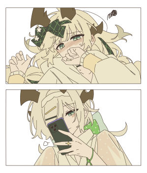 2girls arknights blush bracelet cellphone closed_mouth covering_own_mouth ear_blush green_eyes highres holding holding_phone hood hoodie horns incest isikishoku_akn jewelry multiple_girls necrass_(arknights) phone reed_(arknights) siblings simple_background sisters smartphone smile squiggle sweat taking_picture white_background white_hoodie yuri