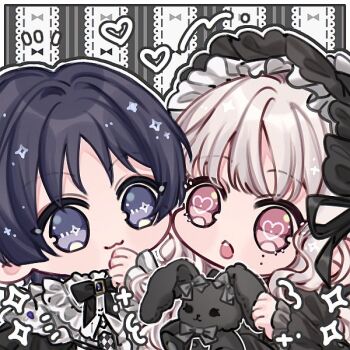 1boy 1girl :3 artist_request black_dress black_hair black_sleeves blunt_bangs blunt_ends bonnet chibi clenched_hand closed_mouth collar commission commissioner_insert couple dress frilled_collar frilled_sleeves frills genshin_impact gothic_lolita grey_sleeves hand_up hayami_momo_(hayamimomo) heart heart-shaped_pupils hetero layered_sleeves lolita_fashion long_sleeves looking_at_another mole mole_under_eye oc_x_canon open_mouth original pink_eyes puffy_sleeves purple_eyes rabbit scaramouche_(genshin_impact) second-party_source smile sparkling_eyes stuffed_toy symbol-shaped_pupils tareme teeth upper_teeth_only white_collar white_hair wispy_bangs