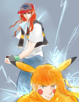 2boys baseball_cap blonde_hair brothers celegorm closed_mouth cosplay electricity elf fingerless_gloves gen_1_pokemon gloves hat holding holding_poke_ball large_ears looking_at_viewer maedhros male_focus mintkim multiple_boys nintendo pikachu pointy_ears poke_ball pokemon red_hair siblings simple_background the_silmarillion tolkien&#039;s_legendarium vest