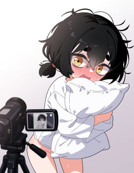 1girl absurdres bags_under_eyes black_hair blush bottomless camera fang highres hugging_object leims_(urje8584) original pillow pillow_hug shirt thick_eyebrows video_camera yellow_eyes