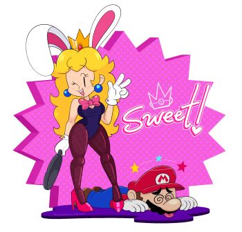 1boy 1girl blonde_hair bow bowtie breasts brown_hair cleavage crown earrings frying_pan full_body grin high_heels highres image_sample injury jewelry legs long_hair lying mario mario_(series) mayo_(funnyhoohooman) md5_mismatch nintendo on_stomach one_eye_closed overalls pantyhose playboy_bunny princess_peach rabbit_ears resolution_mismatch smile source_larger standing super_smash_bros. tongue tongue_out v wink