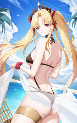 Rule 34 | 1girl, about fg, absurdres, ass, bikini, blonde hair, blue sky, breasts, cloud, day, ereshkigal (fate), fate/grand order, fate (series), highres, large breasts, long hair, looking at viewer, looking back, outdoors, parted lips, red eyes, sarong, sky, solo, strap gap, swimsuit, tiara, very long hair