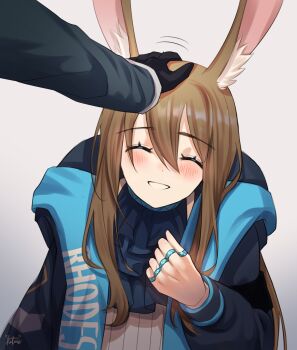 1girl 1other ^_^ absurdres amiya_(arknights) arknights black_gloves black_jacket blush brown_hair closed_eyes commentary doctor_(arknights) english_commentary gloves grey_background hair_between_eyes hand_up headpat highres hood hood_down hooded_jacket jacket jewelry k_atarie long_hair long_sleeves open_clothes open_jacket puffy_long_sleeves puffy_sleeves ring shirt signature simple_background smile upper_body very_long_hair white_shirt