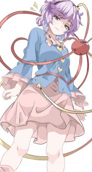 1girl blue_shirt breasts buttons eyeball feet_out_of_frame frilled_shirt_collar frills from_below hair_ornament hairband half-closed_eyes heart heart_button heart_hair_ornament highres kakineko komeiji_satori long_sleeves pigeon-toed pink_skirt purple_eyes purple_hair shirt short_hair simple_background skirt small_breasts smug solo standing third_eye touhou white_background wide_sleeves