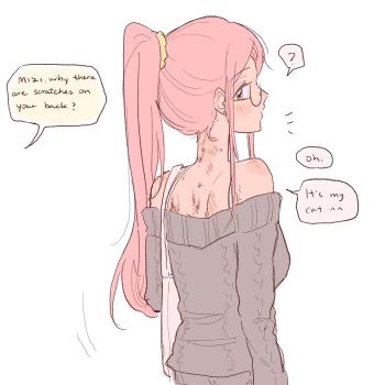 1girl ? alien_stage bare_shoulders coldmeow english_text glasses grey_sweater highres long_hair mizi_(alien_stage) notice_lines off-shoulder_sweater off_shoulder pink_hair ponytail scratches solo spoken_question_mark sweater white_bag yellow_eyes