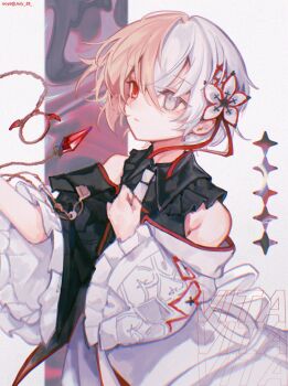 1girl arcaea armpits bare_shoulders black_dress blonde_hair commentary_request dress flower hair_flower hair_ornament heterochromia highres jacket jewelry looking_to_the_side looking_up multicolored_hair necklace ooya_(july_26) red_eyes sleeveless sleeveless_dress solo split-color_hair upper_body vita_(arcaea) vita_(wanderer)_(arcaea) white_eyes white_flower white_hair white_jacket