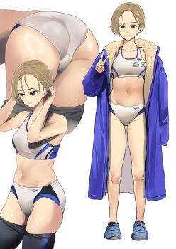 1girl absurdres ass ass_focus black_leggings blonde_hair breasts cafe_au_lait_(kafeore) commentary_request full_body hair_behind_ear highres leggings leggings_pull looking_at_viewer midriff multiple_views navel original panties purple_robe robe shoes short_hair simple_background small_breasts sneakers sports_bikini sports_bra sports_panties sportswear standing stomach track_and_field tucking_hair underwear v white_background white_panties white_sports_bra yellow_eyes