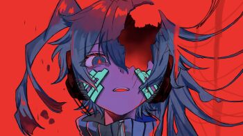 1girl blue_eyes blue_hair ene_(kagerou_project) hair_half_undone headphones highres hole_in_head kagerou_project long_hair looking_at_viewer marshmallow_(vocaloid) parted_lips pumooon_nw red_background red_pupils short_twintails solo teeth twintails upper_teeth_only