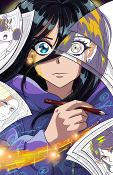 1girl animation_paper_(object) black_hair blank_stare close-up color_trace determined drawing_(action) drawing_(object) earrings expressionless floating_hair glowing glowing_earrings glowing_markings hair_between_eyes highres hirose_natsuko holding holding_pencil hood hoodie jewelry joselyn565 light_trail long_hair long_hair_between_eyes looking_at_viewer luke_braveheart memmeln_(zenshuu) pencil purple_hoodie solo_focus straight-on straight_hair stud_earrings unicorn unio_(zenshuu) upper_body zenshuu