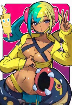 1girl alternate_breast_size_(larger) breasts canari_(pokemon) closed_mouth collarbone commentary_request dakusuta eelektross gen_4_pokemon gen_5_pokemon hair_between_eyes hand_up highres jacket large_breasts long_sleeves looking_to_the_side multicolored_hair nintendo outline pants pink_background pokemon pokemon_(creature) pokemon_legends:_z-a rotom rotom_phone twintails v yellow_jacket