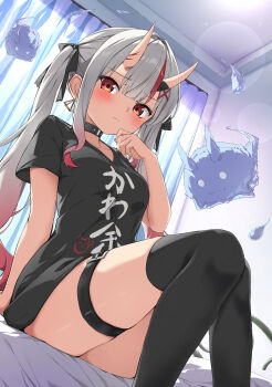 1girl absurdres alternate_costume bedroom belt black_choker black_shirt black_thighhighs blush breasts center-flap_bangs choker closed_mouth clothes_writing commentary curtains earrings embarrassed feet_out_of_frame from_below frown fumi_(fumibeing) furrowed_brow ghost gradient_hair grey_hair hair_intakes highres hitodama hololive horn_ornament horn_ribbon horns indoors jewelry karma_(nakiri_ayame) lens_flare long_hair looking_at_viewer medium_breasts multicolored_hair nakiri_ayame on_bed oni red_eyes red_hair ribbon shiranui_(nakiri_ayame) shirt short_sleeves sidelocks sitting skin-covered_horns solo streaked_hair thigh_belt thigh_strap thighhighs thighs triangle_earrings twintails two-tone_hair virtual_youtuber window