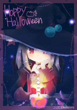 Rule 34 | 1girl, 2025, akino sakura, artist name, black dress, black hat, blonde hair, candle, dark feather alma, dress, emil chronicle online, halloween costume, hand on own cheek, hand on own face, happy halloween, hat, red eyes, solo, table, witch hat