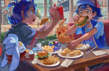 2boys antenna_hair apple ash_ketchum baseball_cap black_hair blue_eyes blue_vest brown_eyes burger closed_eyes dark_skin day eye_contact food fork french_fries fruit gen_1_pokemon gen_4_pokemon gen_8_pokemon glass goh_(pokemon) grapes grey_shirt hands_up hat highres holding holding_food holding_phone indoors looking_at_another multiple_boys nintendo open_mouth outstretched_arm phone pikachu plate pokemon pokemon_(anime) pokemon_(creature) pokemon_journeys raboot red_headwear rotom rotom_phone shirt short_hair short_sleeves sitting teeth upper_body vest white_shirt