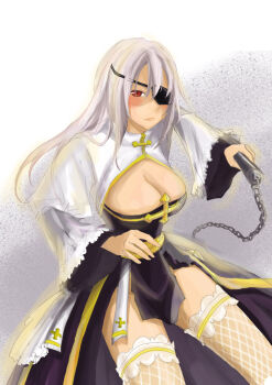 1girl arch_bishop_(ragnarok_online) black_dress blush breasts chain chinese_commentary cleavage cleavage_cutout closed_mouth clothing_cutout commentary_request cowboy_shot cross dress eyepatch fishnet_thighhighs fishnets frilled_thighhighs frills grey_hair holding holding_chain large_breasts long_hair long_sleeves looking_at_viewer ragnarok_online rame_(wishangel0407) red_eyes sash shaded_face solo thighhighs two-tone_dress white_background white_dress white_thighhighs yellow_sash