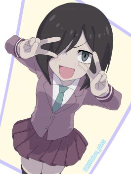 1girl :d artist_name bad_tag black_hair black_thighhighs blazer blush bob_cut border breasts collared_shirt commentary cowboy_shot double_v dress_shirt green_eyes green_necktie hair_over_one_eye helmet heybot! highres jacket long_sleeves looking_at_viewer looking_up mainatsu necktie open_mouth outside_border pleated_skirt purple_border purple_jacket purple_skirt school_uniform shirt short_hair skirt small_breasts smile solo standing thighhighs twitter_username v v-shaped_eyebrows v_over_eye vocamente_yuuko white_border white_shirt yellow_background zettai_ryouiki