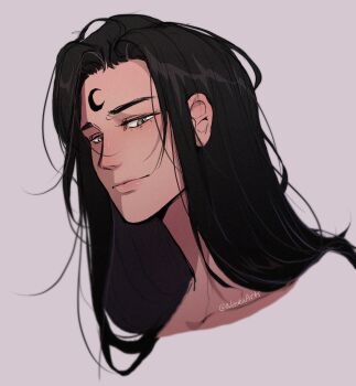 1boy black_hair brown_eyes commentary crescent curtained_hair english_commentary facial_mark forehead_mark highres long_hair looking_at_viewer male_focus messy_hair neekaarts noctis_(shadow_slave) portrait shadow_slave smile solo straight_hair