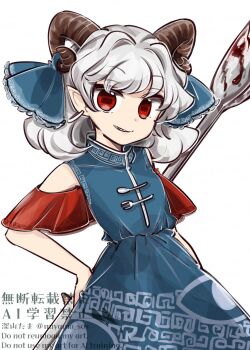 1girl blue_dress commentary cowboy_shot curly_hair dress earrings eye_print grey_hair hand_on_own_hip highres holding holding_spoon hoop_earrings horizontal_pupils horn_ornament horn_ribbon horns jewelry looking_at_viewer meandros oversized_object patterned_clothing pointy_ears print_dress red_eyes red_horns red_sleeves ribbon sheep_horns simple_background solo spoon tama_(hiroshige_36) touhou toutetsu_yuuma watermark white_background