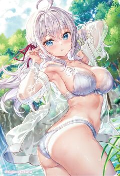 1girl ahoge alisa_mikhailovna_kujou arched_back arm_up armpits ass bare_shoulders blue_eyes bra breasts cleavage closed_mouth commentary day frown fujima_takuya hair_ribbon hand_up lace_trim large_breasts lingerie long_hair looking_at_viewer looking_back open_clothes open_shirt outdoors panties parted_lips ribbon see-through_clothes see-through_shirt shirt solo strap_slip string_bra thighs tokidoki_bosotto_roshia-go_de_dereru_tonari_no_alya-san twisted_torso underwear wet white_bra white_hair white_panties white_shirt