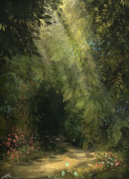 flower forest hedge landscape light_rays nature no_humans original outdoors path road scenery signature tree zandra