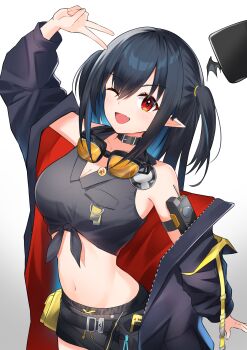 1girl ;d absurdres arknights arm_up bare_shoulders belt belt_buckle belt_collar black_belt black_coat black_collar black_hair black_shirt black_shorts blue_hair breasts buckle cleavage closure_(arknights) coat collar colored_inner_hair commentary company_logo cowboy_shot crop_top ear_piercing fang github goggles goggles_around_neck gradient_background grey_background hair_between_eyes highres k@bu light_blush long_sleeves looking_at_viewer medium_breasts medium_hair multicolored_hair navel one_eye_closed open_mouth piercing pointy_ears red_coat red_eyes shirt short_shorts shorts skin_fang sleeveless sleeveless_shirt smile solo standing stomach tied_shirt two-sided_coat two-sided_fabric two_side_up v white_background