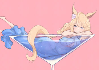 1girl alternate_costume animal_ears blonde_hair blue_dress blue_eyes blush breasts chahiro cup dress drinking_glass evening_gown flower gold_city_(umamusume) gown hair_flower hair_ornament highres horse_ears horse_girl horse_tail in_container in_cup large_breasts long_hair looking_at_viewer lying on_side open_mouth smile solo tail umamusume water