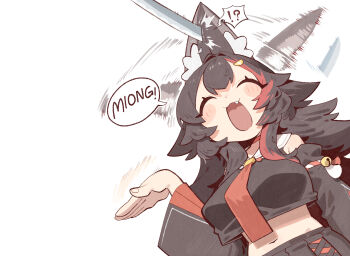 1girl afterimage animal_ears bare_shoulders black_hair black_shirt blush_stickers breasts closed_eyes cocomayo29_(tomato) commentary_request cropped_shirt fang highres hololive korean_commentary large_breasts long_hair multicolored_hair navel necktie ookami_mio ookami_mio_(1st_costume) purple_eyes red_hair red_necktie shirt simple_background smear_frame solo streaked_hair two-tone_hair white_background wolf_ears wolf_girl