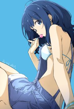 1girl ass bikini blue_background blue_eyes blue_hair blue_nails blue_overalls breasts commentary_request dated fingernails food food_in_mouth highres holding holding_food holding_popsicle large_breasts legs looking_at_viewer make_heroine_ga_oo_sugiru! medium_hair nail_polish nii_manabu overalls popsicle popsicle_in_mouth sideboob signature sitting solo swimsuit thighs white_bikini yanami_anna