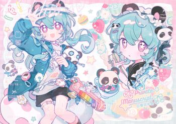 1girl :d animal_ears arm_up black_shorts black_socks blue_hair blush_stickers collar commentary dot_nose double-parted_bangs fanqiealxe feet_out_of_frame green_hoodie hair_between_eyes hair_ornament hairclip highres hood hood_down hoodie long_hair long_sleeves looking_at_viewer multiple_views open_clothes open_hoodie open_mouth original panda panda_ears parallel_hairclips shirt shorts smile socks standing star-shaped_pupils star_(symbol) symbol-only_commentary symbol-shaped_pupils watermark white_collar white_shirt