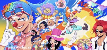 Rule 34 | > <, 1girl, 6+boys, :3, absurdres, adjusting eyewear, alvida (one piece), animal hands, animal print, aqua pants, argyle clothes, argyle shirt, arm on another's shoulder, arms up, artist name, bead bracelet, bead necklace, beads, beard stubble, black footwear, black hair, black necktie, blue background, blue eyes, blue hair, boned meat, bow, bowtie, box, bracelet, breasts, bright pupils, brown eyes, cabaji, candle, cape, checkered clothes, checkered scarf, cherry print, closed eyes, closed mouth, clown nose, collarbone, cup, dated, deformed, devil fruit power, dress shirt, drinking glass, earrings, epaulettes, explosion, facial hair, fat, fat man, food, food on face, food print, fruit print, galdino, gift, gift box, gloves, goatee stubble, gradient background, green sash, grin, hair intakes, hair over one eye, hand on another's shoulder, happy aura, happy birthday, hat, highres, holding, holding cup, holding gift, jewelry, jolly roger, lapels, leopard print, lion, long hair, meat, mohji (one piece), multiple boys, neckerchief, necklace, necktie, notched lapels, one piece, open clothes, open mouth, open shirt, orange cape, pants, partially unbuttoned, pearl earrings, pennant, pink bow, pink bowtie, pink headwear, pink neckerchief, pirate hat, pointy shoes, polka dot neckerchief, ponytail, purple fur, purple scarf, purple shirt, rainbow text, red lips, red nose, ribbon, richie (one piece), round eyewear, sash, scarf, scrunchie, shanks (one piece), shirt, shoes, short hair, single epaulette, sleeveless, sleeveless shirt, smile, socks, sparkle, string of flags, striped background, striped clothes, striped shirt, striped socks, stubble, sweat, thumbs up, top hat, twitter username, two-tone eyewear, upper body, vamos mk, white gloves, white hair, white headwear, white pupils, white shirt, wine glass, yellow ribbon, yellow scrunchie